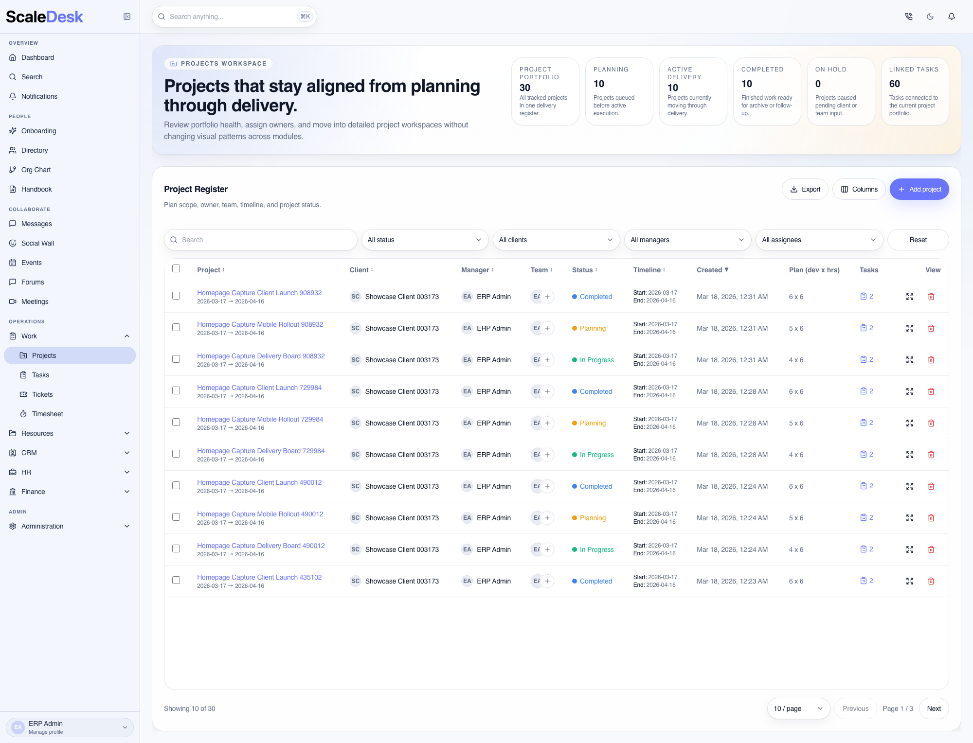 Project management screenshot